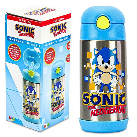 Garrafa Térmica Infantil do Sonic com Canudo Silicone Trava de Segurança Azul 350 Ml