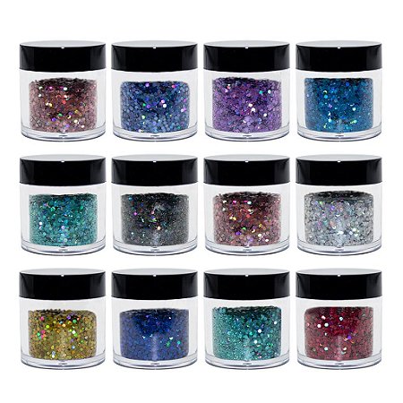 Kit 12 Glitters Flocados Decoração de Unhas Gel Nail Art