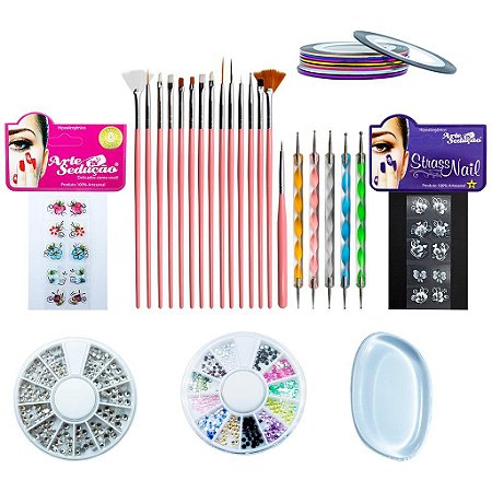 Kit Nail Art Pincel Boleador Strass Adesivos Fitilho Esponja