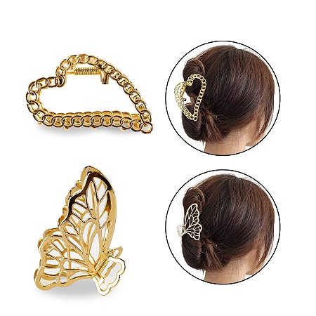 Kit 2 Prendedores de Cabelo Metal Dourado Borboleta Coração