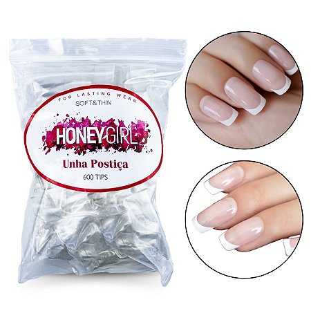 600 Unhas Postiças Quadrada Natural Transparente Honey Girl