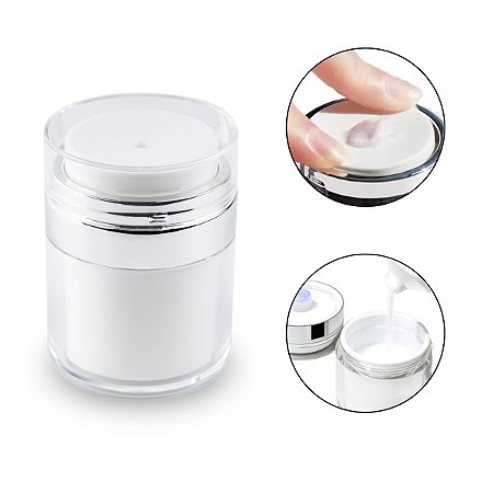 Pote Recipiente Cosmético Creme Maquiagem Líquidos Frasco a Vácuo Pump Elegante Branco e Prata Compacto 30ml