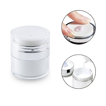 Pote Recipiente Cosmético Creme Maquiagem Líquidos Frasco a Vácuo Pump Elegante Branco e Prata Compacto 15ml