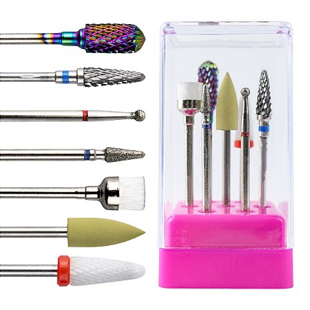 Kit 7 Broca Cerâmica Tungstênio Diamantada, Escovinha Macia Limpeza, Polidora + Suporte Rosa com Tampa de Acrílico Transparente