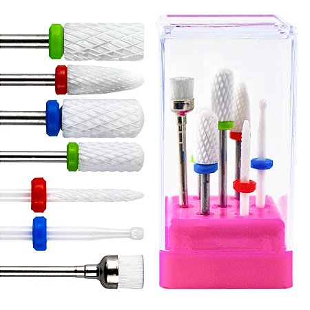 Kit 6 Brocas Cerâmica Completo + Suporte Rosa com Tampa de Acrílico Transparente + Escovinha de Limpeza Cerdas Macias