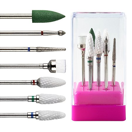 Kit 7 Brocas de Cerâmica Variadas + Broca Diamantada Extra Forte + Escovinha Limpeza Cerdas Macias + Broca de Polimento +Suporte Rosa com Tampa de Acrílico Manicure Alongamento de Unhas