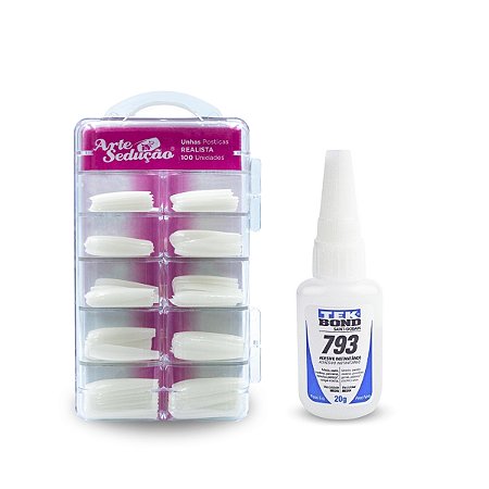 Kit 100 Unhas Postiça Realista Leitosa Alongamento + Super Cola Adesivo Instantâneo Tek Bond 793, 20g