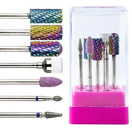 Kit 3 Broca Tungstênio Colorida + 2 Diamantada Extra Forte + 1 Polimento Rosa + 1 Limpeza Escovinha Cerdas Macias + Suporte Rosa de Acrílico com Tampa Transparente