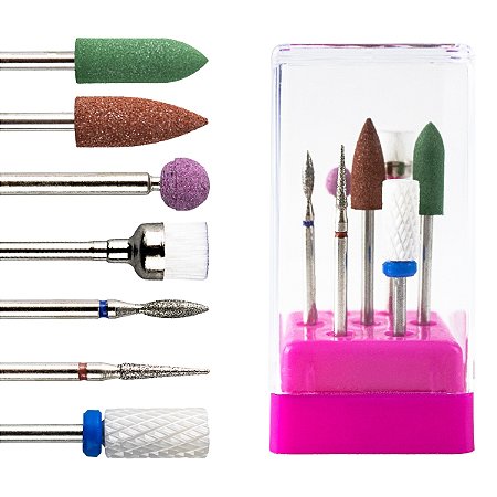 Kit 3 Brocas Polidoras Coloridas + 2 Diamantadas Finas + 1 Cerâmica Large Barrel + 1 Limpeza Escovinhas Cerdas + Suporte Rosa com Tampa de Acrílico Transparente