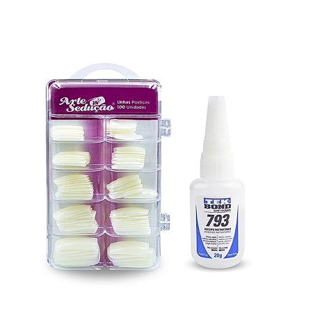 Kit 100 Unhas Postiças Natural Quadrada Média Branca + Cola Adesivo Instantâneo Transparente Tek bond 793, 20g