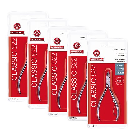 Kit 5 Alicates de Cutícula Classic 522 Mundial Profissional Afiado Aço Carbono Niquelado Esterilizável