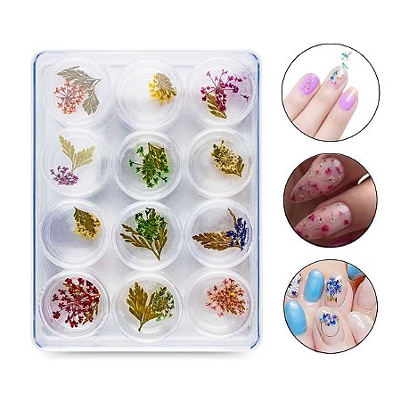 Kit 12 Flores e Folhas Secas Naturais Encapsulamento Nail Designer Decoração Unhas Alongamento