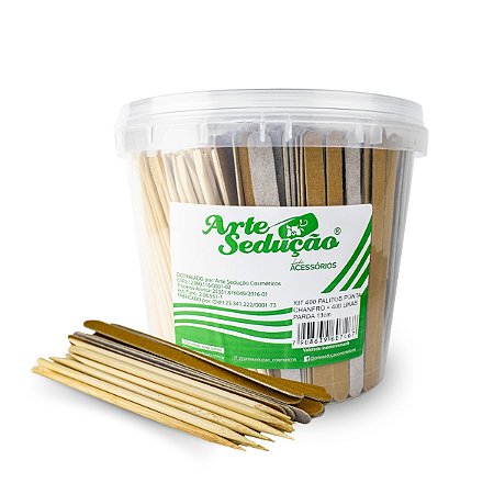 Kit 400 Palito Bambu Ponta Chanfro 12,5cm + 400 Lixa Parda 13cm + Balde