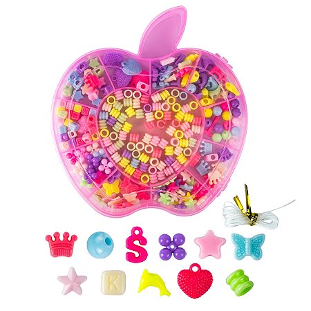 Maleta Maçã Fábrica de Biju Infantil Porta Miçanga Colorida Pulseira Colar Fio de Nylon