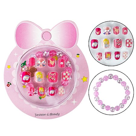 Unha Postiça Infantil Pequena 12 Und Autocolante + Pulseira Miçanga Colorida