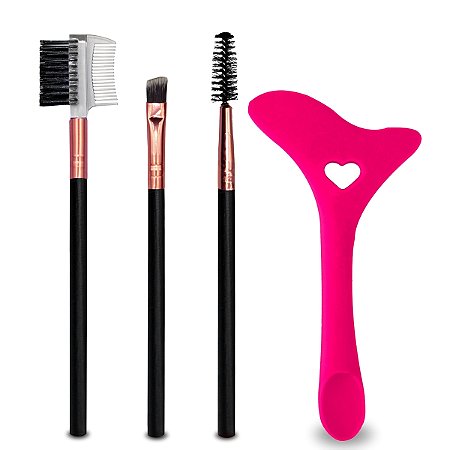 Kit 3 Pincéis Chanfrado Duplo Escovinha Sobrancelha Design + 1 Marcador Silicone Maquiagem Multicolor 2 Lados Contorno Delineado