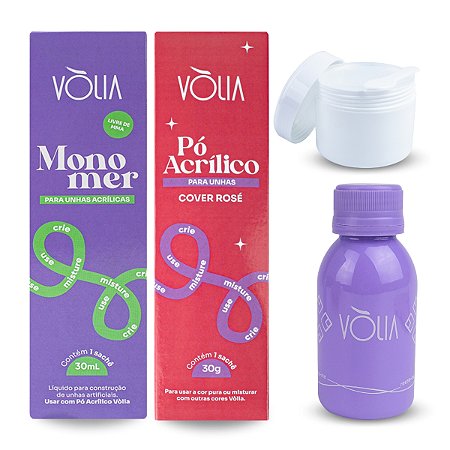 Kit Líquido Monomer 30ml + Pó Acrílico Cover Rosé 30g Vòlia + Pote Branco com Tampa Vedação 30ml + Frasco Reuse-me Roxo 60ml Unhas Decoradas Alongamento Nail Art Designer Manicure