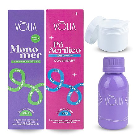 Kit Líquido Monomer 30ml + Pó Acrílico Cover Baby 30g Vòlia + Pote Branco Com Tampa Vedação + Frasco Reuse-me Roxo 60ml Unhas Decoradas Alongamento Nail Art Manicure Designer