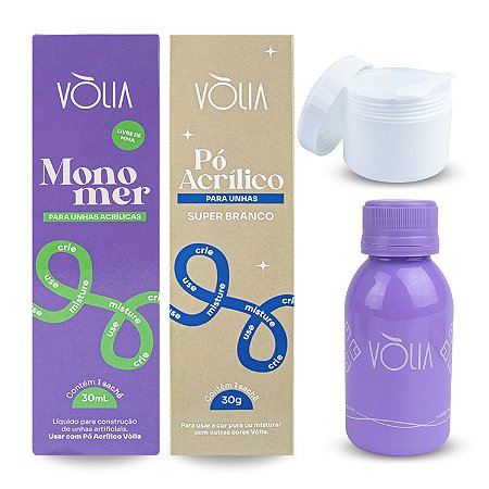 Kit Líquido Monomer 30ml + Pó Acrílico Super Branco 30g Vòlia + Pote Branco Com Tampa Vedação + Frasco Reuse-me Roxo 60ml Alongamento Unhas Decoradas Nail Art Manicure Designer