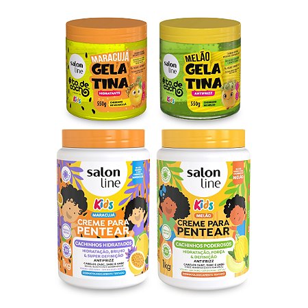 Kit 2 Cremes de Pentear com Filtro Solar + 2 Gelatinas Antifrizz Definição Hidratação Cachos Kids Melão e Maracujá Salon Line