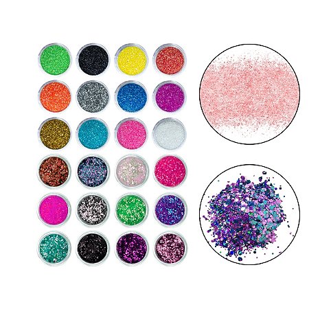 Kit 24 Glitters Fino Flocado Colorido Decoração Design Encapsulamento Unhas Manicure Alongamento Nail Art