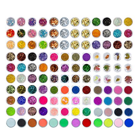 Kit 120 Glitter Flocado Fino Holográfico Caviar Folha Ouro Borboletas Flores Secas Pó Acrílico Colorido Decoração Unha Manicure