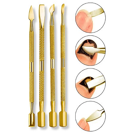 Kit 4 Espátulas Ponta Dupla Dourada Aço Inoxidável Remoção de Cutícula Unha Encravada Podóloga Unhas Manicure Design