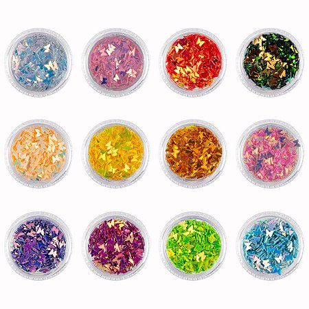 Kit 12 Borboletas Encapsulada Decoração Unhas Gel Espelhadas Cintilante Colorido Nail Art Manicure