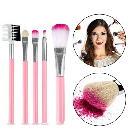 Kit 5 Pincéis Escovinha Esponjinha Maquiagem Rosa Rosto Make-Up Pó Sombra Blush Batom Contorno