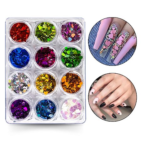 Kit 12 Glitter Formato Coração Holográfico Para Decoração Unhas Nail Art Alongamento Encapsulamento
