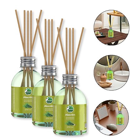 Kit 3 Aromatizador de Ambientes Alecrim Refrescante Varetas Fragrância Suave Frescor Bem-Estar 270ml, Pantanal Aromas