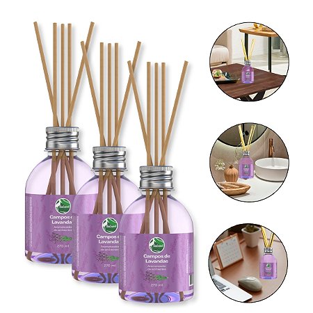 Kit 3 Aromatizador Campos de Lavanda Refrescante Varetas Energizante Bem-Estar Fragrância Suave Casa Escritório 270ml, Pantanal Aromas