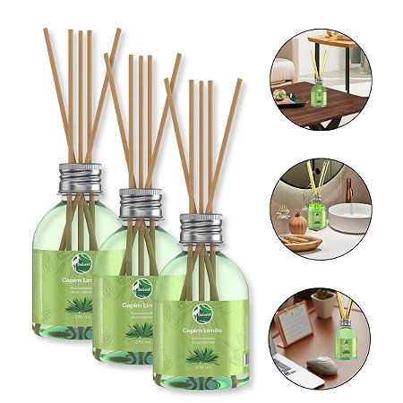 Kit 3 Aromatizador Difusor Capim Limão Fragrância Suave Varetas Energizante Refrescante Casa Escritório Bem-Estar 270ml, Pantanal Aromas
