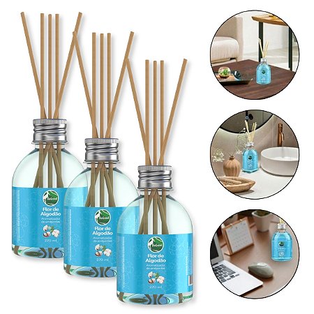Kit 3 Aromatizador de Ambiente Difusor Flor de Algodão Varetas Fragrância Suave Refrescante Bem-Estar Casa Escritório 270ml, Pantanal Aromas
