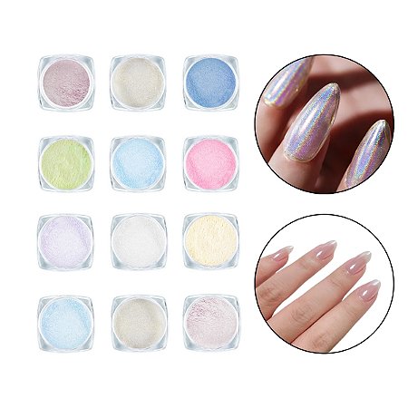 Kit 12 Pó Sereia Nail Art Cintilante Efeito Asa de Borboleta Candy Color Furta-Cor Espelhado Decoração Unhas
