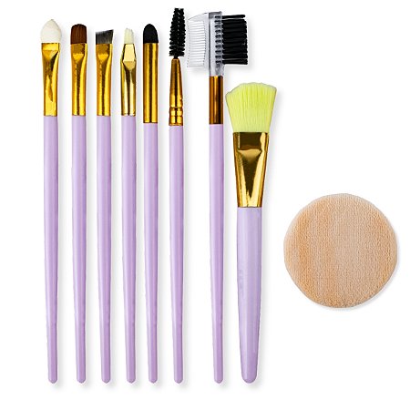 Kit 8 Pincéis Maquiagem Escovinha Olhos Sobrancelha Boca Sombra + Esponja Redonda de Veludo Pó Compacto Contorno Make, Arte Sedução