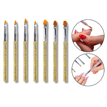 Kit 7 Pincéis Unhas Acrílicas Alongamento Gel Fibra de Vidro Nail Designer Cabo de Glitter Aplicação Nail Art Manicure