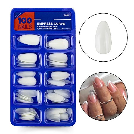 Kit 100 Unhas Postiças Almond Curta Branca Pequena Leitosa Natural Lisa Manicure Fácil Aplicação Longa Duração