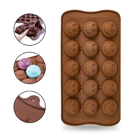 Forma de Silicone Sorriso Emoji Smile Chocolate Bombom Gelo Vela Redondo 15 Divisórias Confeitaria Casa Molde Multiuso Cozinha