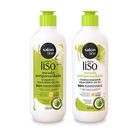 Kit Shampoo Limpeza Refrescante + Condicionador Brilho Extremo Hidratação Escudo Antiporosidade Cabelo Maçã Verde 300ml, Salon Line