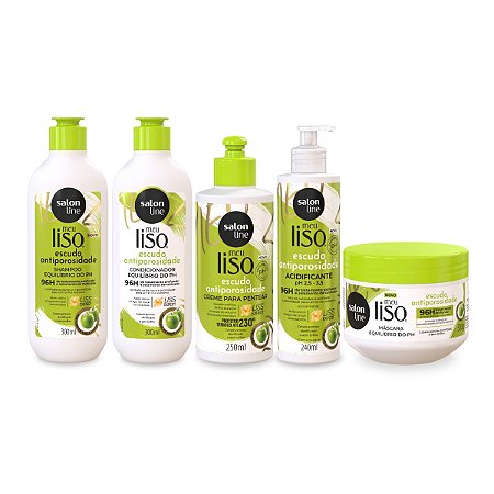 Kit Completo Meu Liso Tratamento Ph Escudo Antiporos Shampoo Condicionador Creme de Pentear Máscara Acidificante Hidratação Brilho Intenso Maçã Verde Salon Line