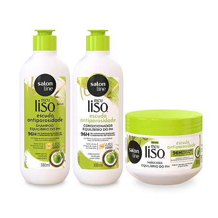 Kit Shampoo Limpeza Suave  + Condicionador Escudo Antiporosidade + Máscara Hidratação Tratamento Meu Liso Cabelo Definição Antifrizz Maçã Verde Salon Line