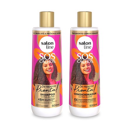 Kit Shampoo Limpeza Refrescante + Condicionador Hidratação SOS Cachos Ultra Gloss De Repente Pronta Brilho Framboesa 500ml, Salon Line