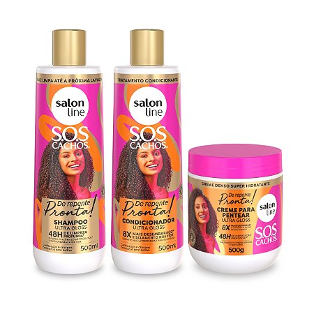 Kit Shampoo Limpeza Refrescante + Condicionador Hidratação + Creme de Pentear Ultra Gloss De Repente Pronta Brilho Intenso Tratamento Antifrizz Framboesa Salon Line