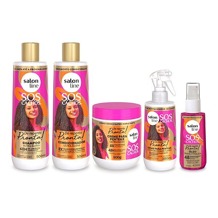 Kit Completo Ultra Gloss Shampoo Condicionador Creme de Pentear Máscara Hidratação Óleo Reparador Finalização Hidrata Cachos Definição Framboesa Salon Line