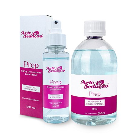 Kit Prep Spray Higienizador Refrescante 120ml + Refil Econômico 500ml Limpeza Profunda Secagem Rápida, Arte Sedução