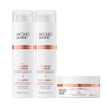 Kit Completo Damage Repair Shampoo Limpeza Suave 140ml + Condicionador Desembaraçante 240ml + Máscara Hidratação Capilar, Jacques Janine