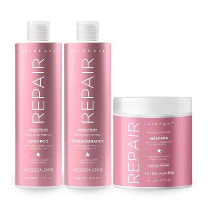 Kit Shampoo Limpeza Suave 450ml + Condicionador Reparação Total 440ml + Máscara Hidratação Cronograma Capilar 400g, Linha Haircare Repair Jacques Janine