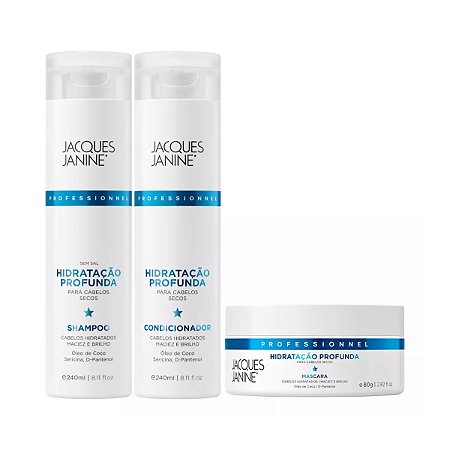 Kit Hidratação Profunda Shampoo Limpeza Completa 240ml + Condicionador Desembaraçante 240ml + Máscara Tratamento Brilho Antifrizz 80g, Jacques Janine