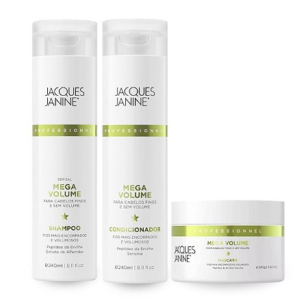 Kit Mega Volume Shampoo Limpeza Profunda 240ml + Condicionador Desembaraçante 240ml + Máscara Tratamento Hidratação 240g, Jacques Janine